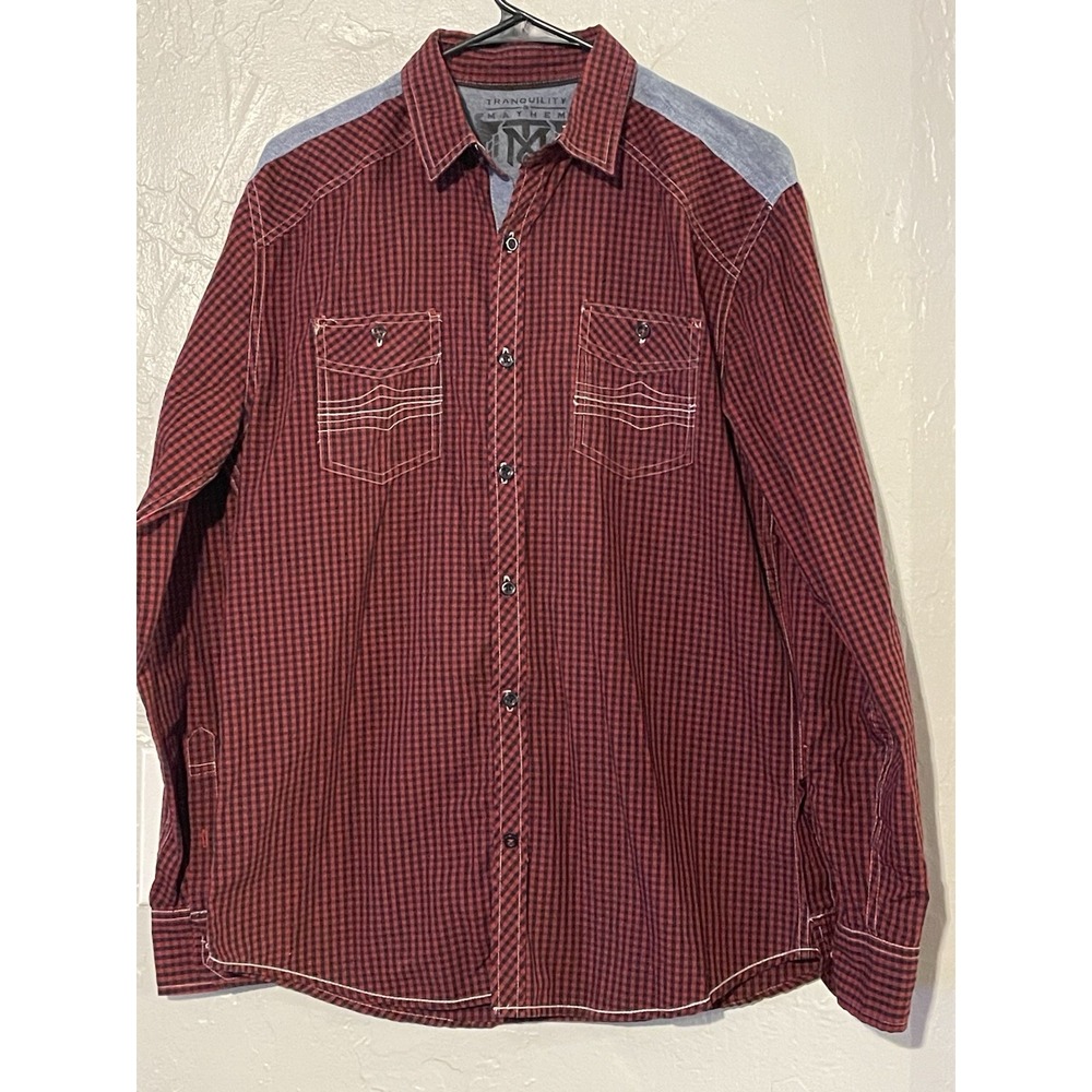 Tranquility & Mayhem Shirt M Plaid Denim Red Black Western Men's Medium Check